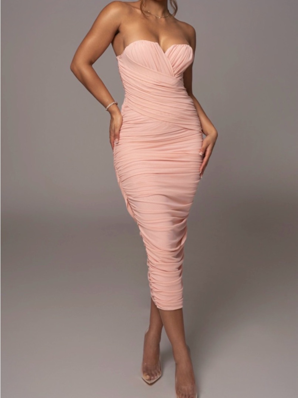 JLUXLABEL Strapless Ruched Midi Dress in Blush